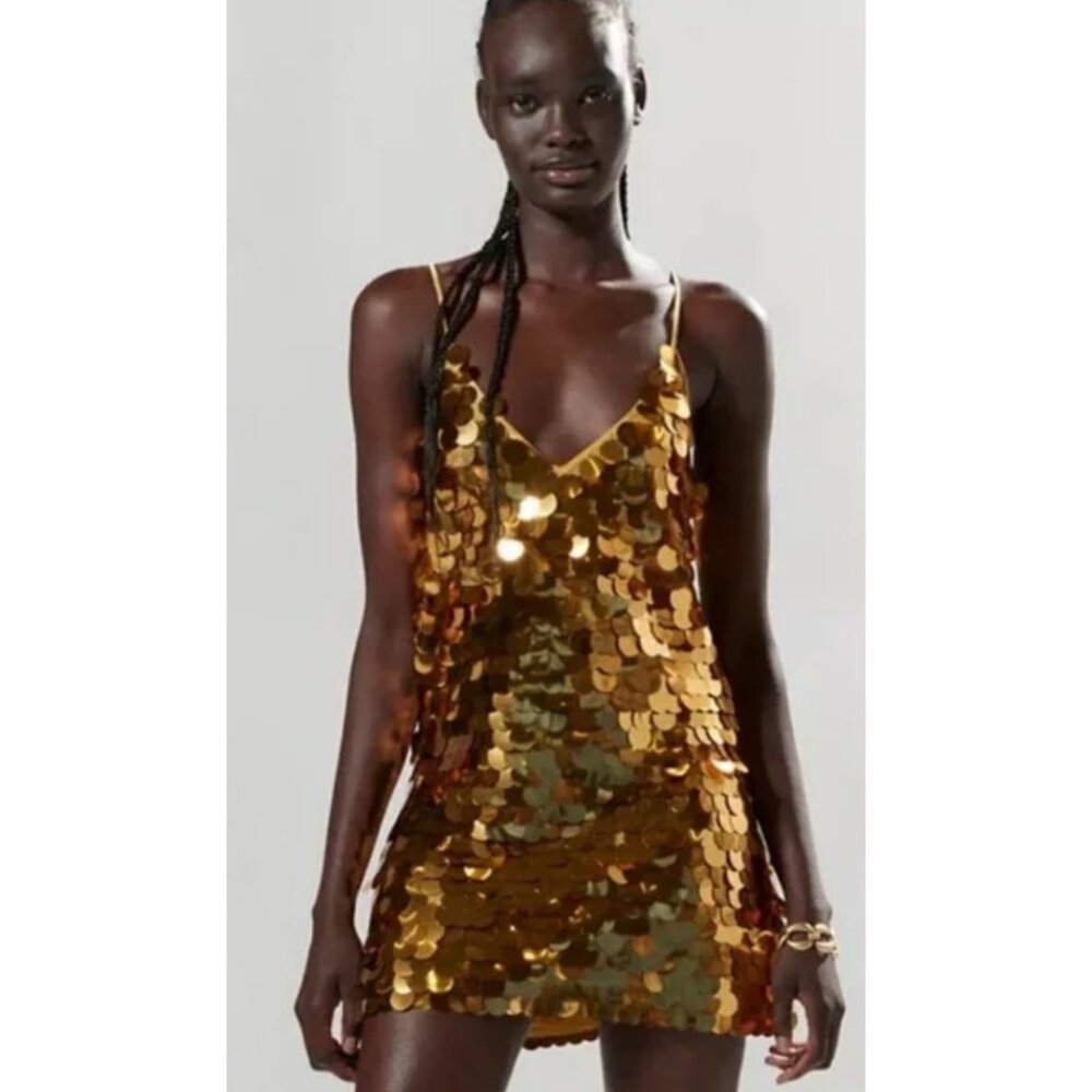Urban Outfitters Silence Noise Kya Gold Paillette Sequin Mini Dress NWOT Small